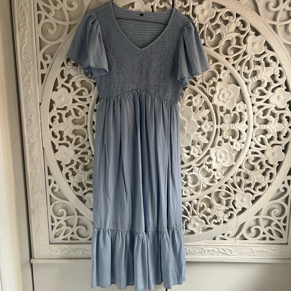 Maternity Smocked Midi Dress | Baby Shower / Photoshoot | Dusty Blue
